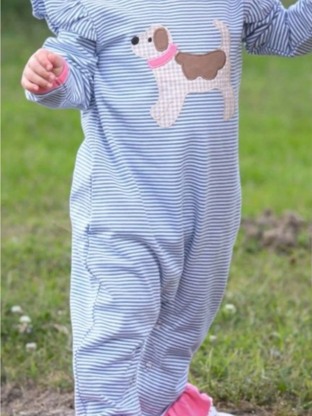 Blue & White Striped Baby one piece with Pink Trim and Puppy Applique